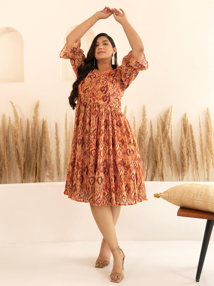 Plus Size Orange Dobby Georgette Ikat Printed Flared Dress  - By Janasya