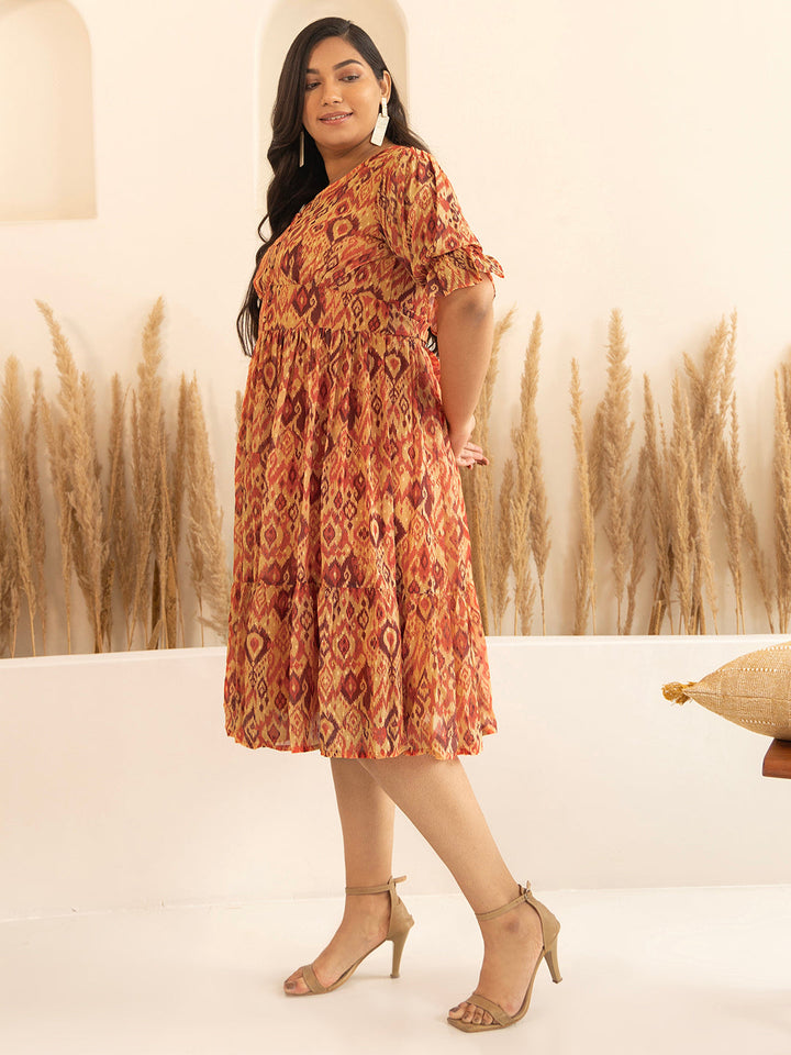 Orange Dobby Georgette Ikat Printed Flared Dress  - By Janasya