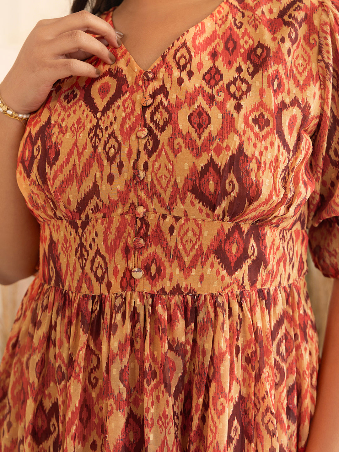 Orange Dobby Georgette Ikat Printed Flared Dress  - By Janasya