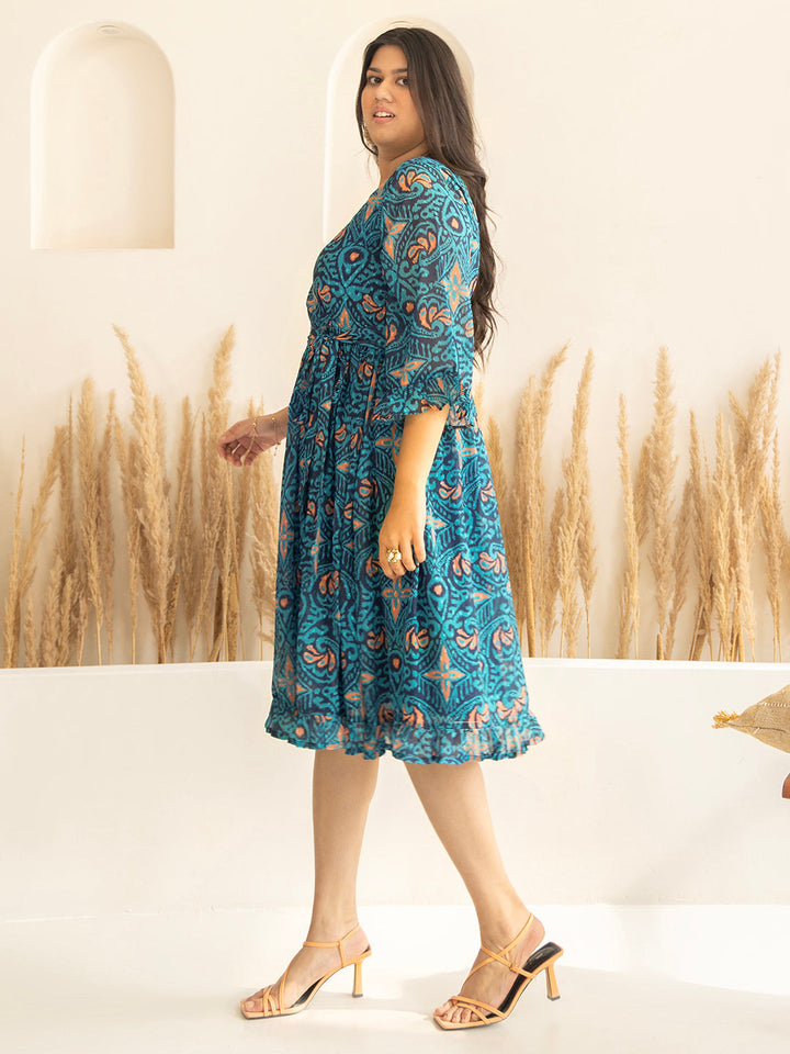 Blue Dobby Georgette Ikat Printed Flared Dress  - By Janasya