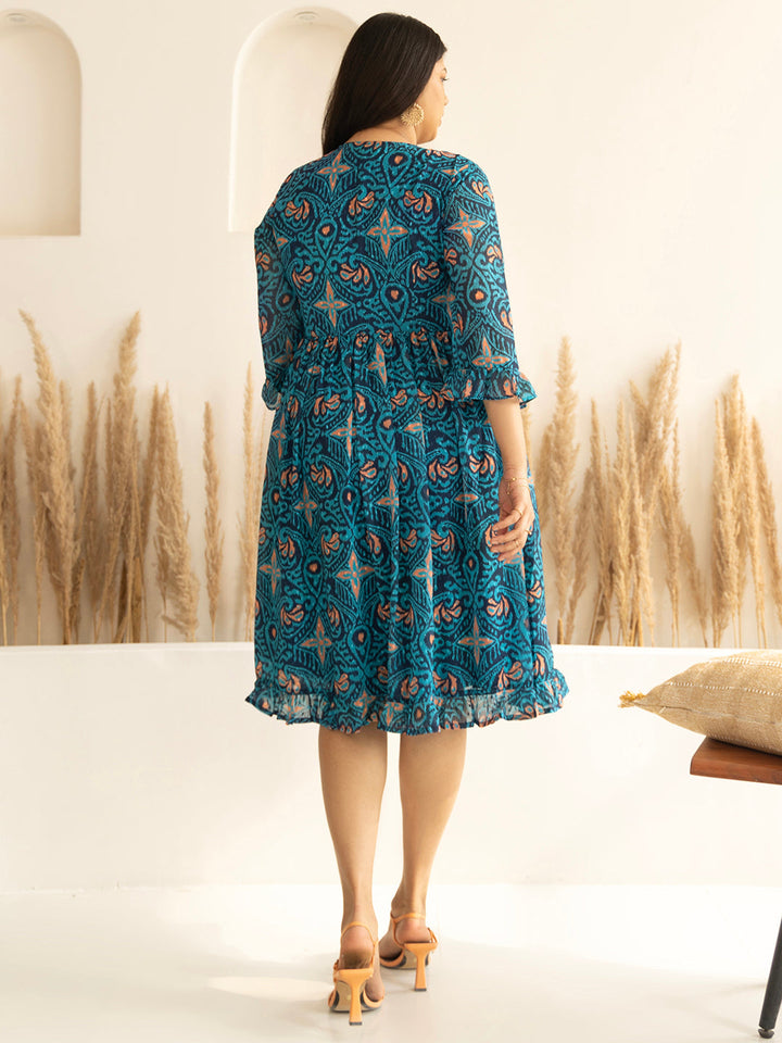 Blue Dobby Georgette Ikat Printed Flared Dress  - By Janasya