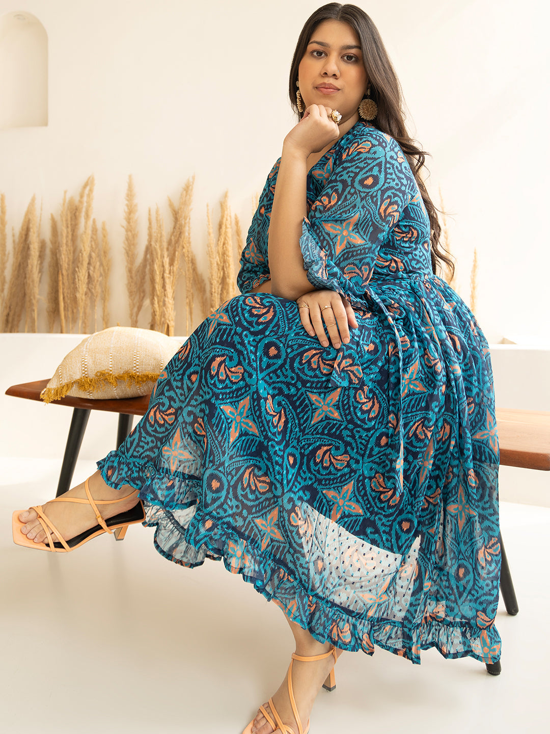 Blue Dobby Georgette Ikat Printed Flared Dress  - By Janasya