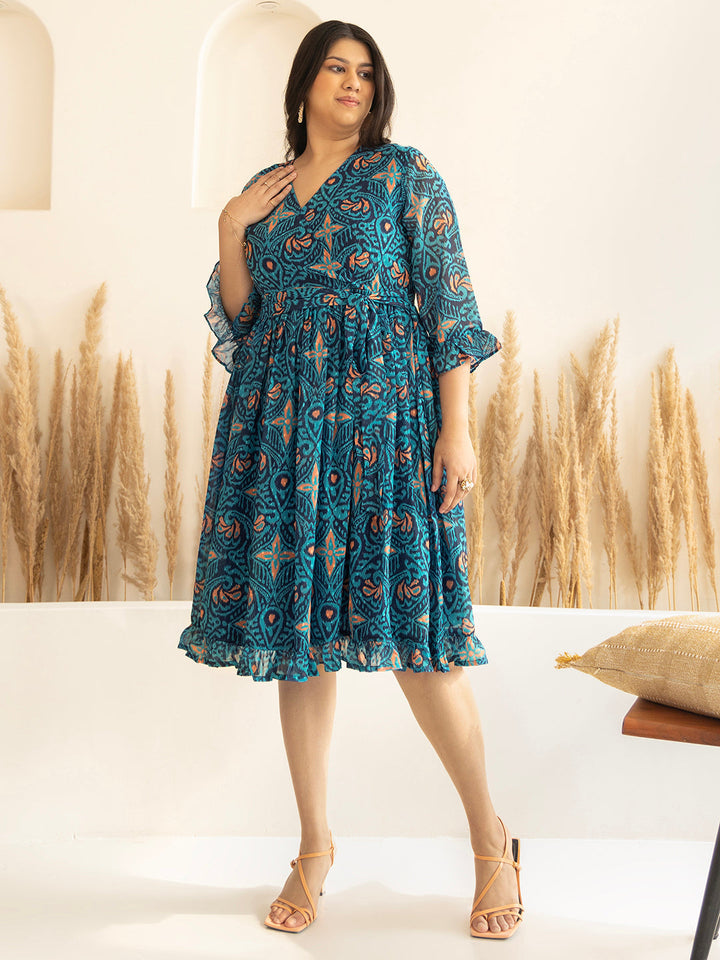 Blue Dobby Georgette Ikat Printed Flared Dress  - By Janasya