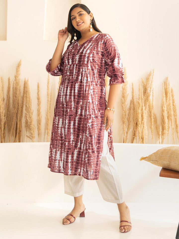 Light Brown Cotton Tie-dye Printed Straight Kurta  - By Janasya