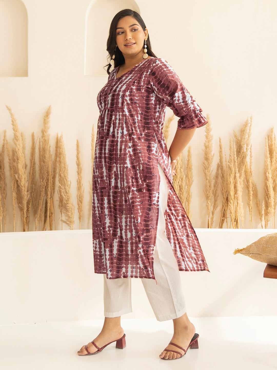 Plus Size Light Brown Cotton Tie-dye Printed Straight Kurta  - By Janasya