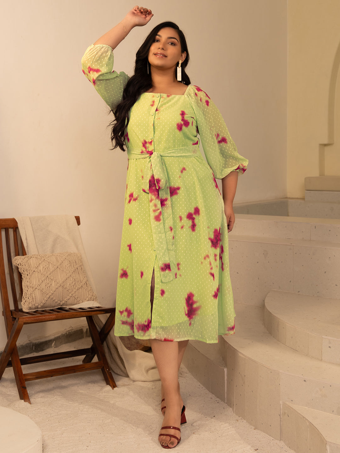 Plus Size Light Green Dobby Georgette Tie & Dye A-Line Dress  - By Janasya