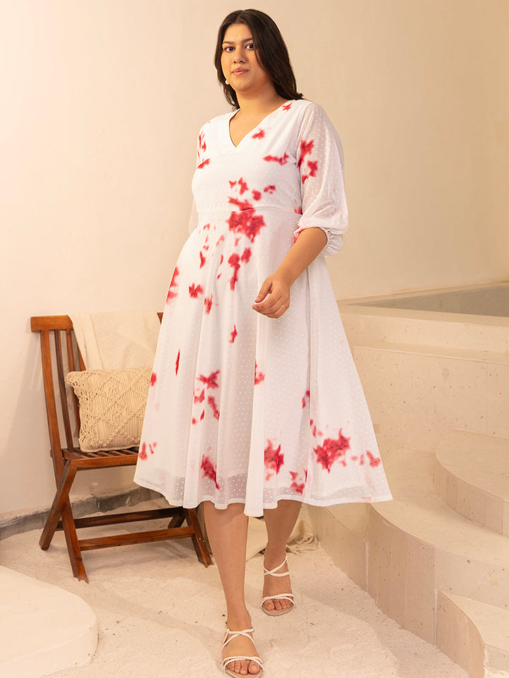 Plus Size Off White Dobby Georgette Tie & Dye Fit & Flare Dress  - By Janasya