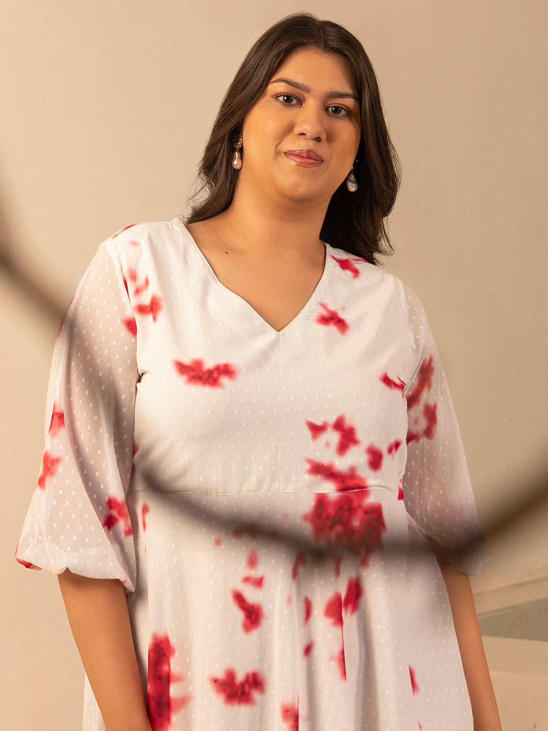 Plus Size Off White Dobby Georgette Tie & Dye Fit & Flare Dress  - By Janasya