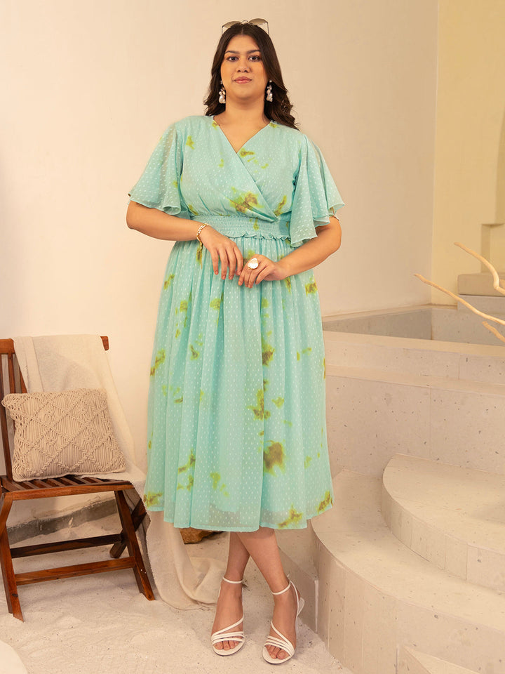 Sea Green Dobby Georgette Tie & dye Fit & Flare Dress  - By Janasya