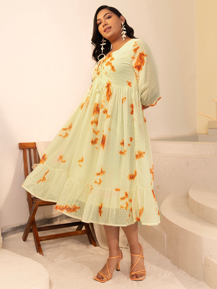 Yellow Dobby Georgette Tie & Dye Fit & Flare Dress  - By Janasya