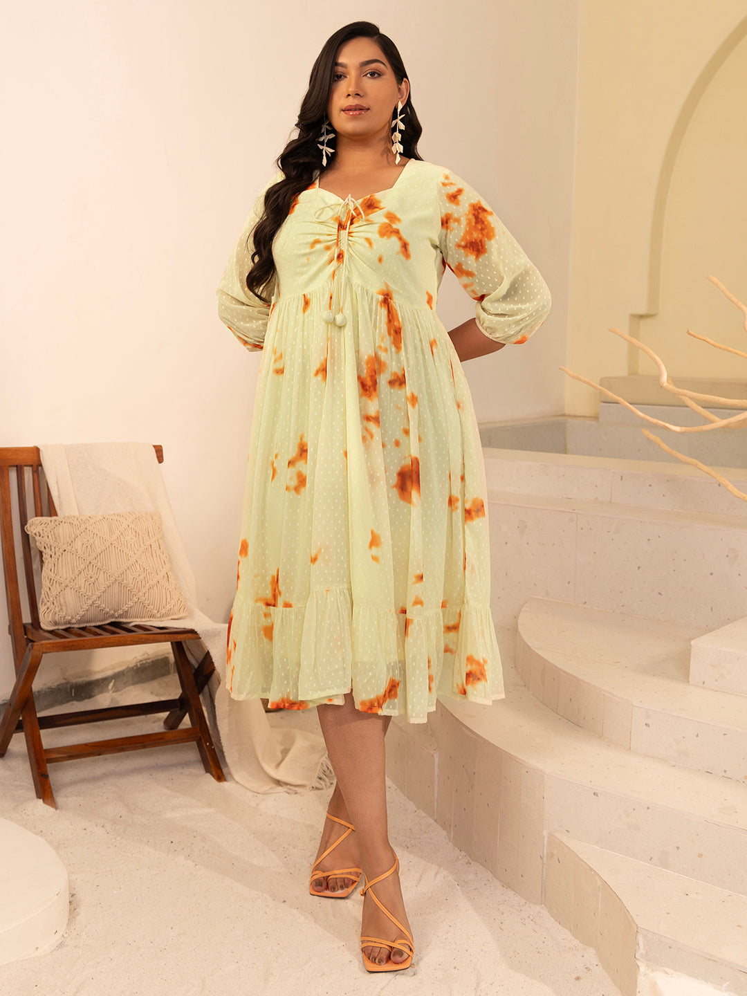 Yellow Dobby Georgette Tie & Dye Fit & Flare Dress  - By Janasya