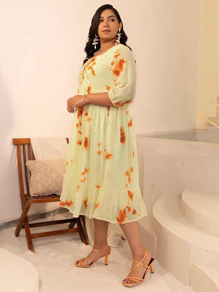 Yellow Dobby Georgette Tie & Dye Fit & Flare Dress  - By Janasya