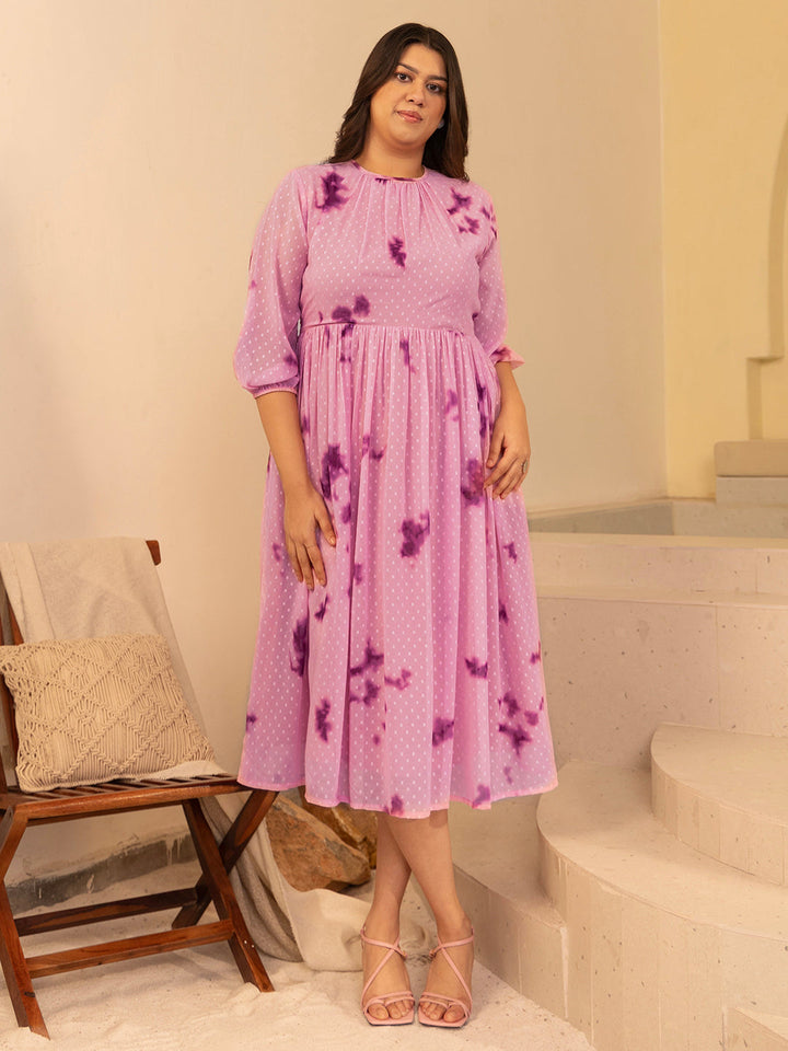 Pink Dobby Georgette Tie-Dye Fit & Flare Dress  - By Janasya