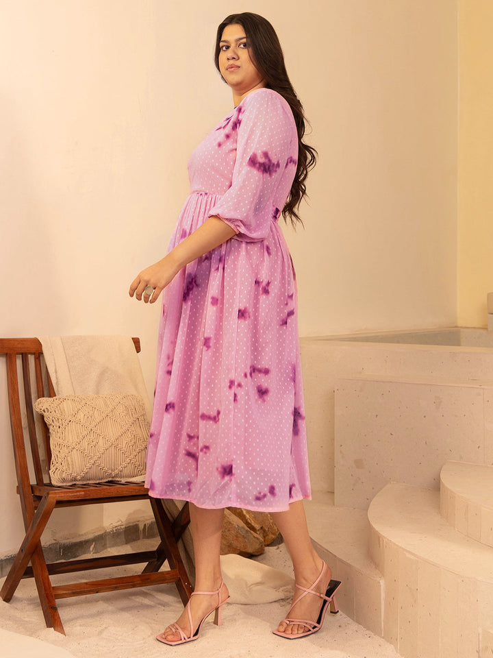 Pink Dobby Georgette Tie-Dye Fit & Flare Dress  - By Janasya