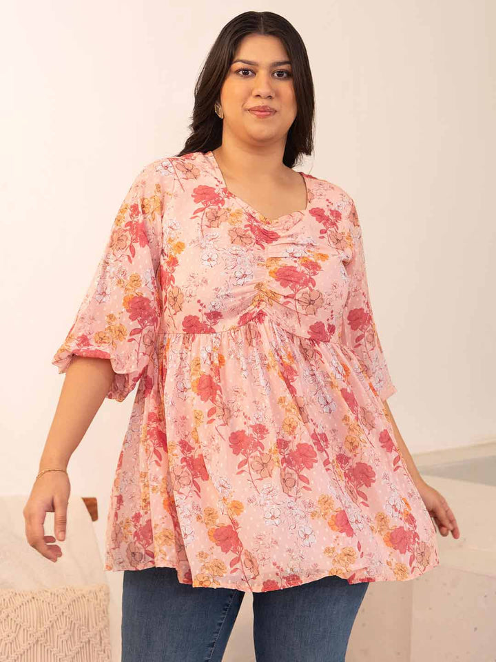 Plus Size Peach Dobby Georgette Floral Ruched Top  - By Janasya