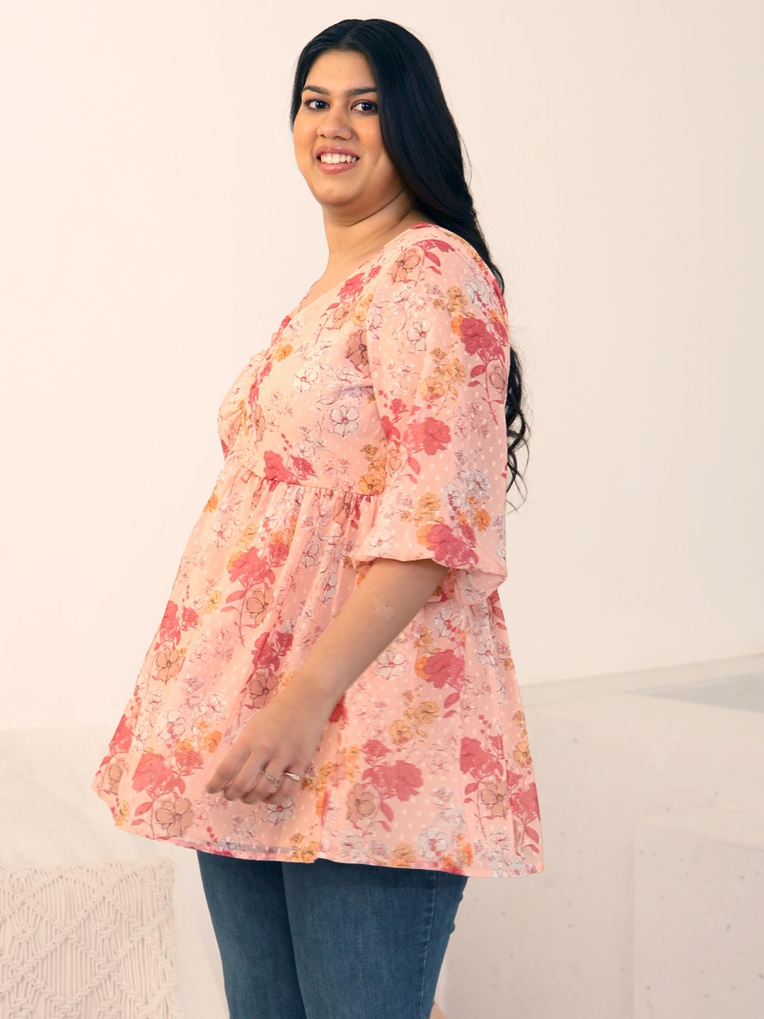 Plus Size Peach Dobby Georgette Floral Ruched Top  - By Janasya