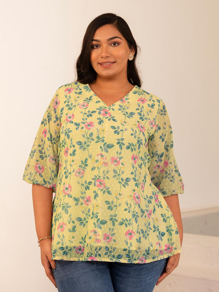 Plus Size Yellow Dobby Georgette Floral Regular Top  - By Janasya