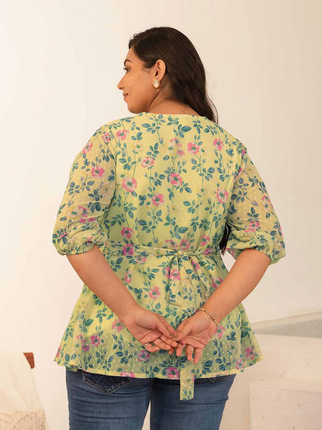 Plus Size Yellow Dobby Georgette Floral Regular Top  - By Janasya