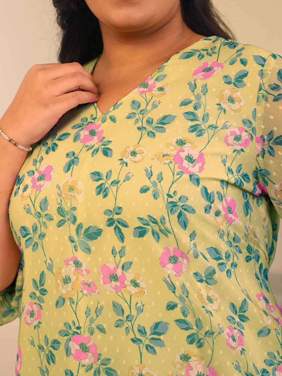 Plus Size Yellow Dobby Georgette Floral Regular Top  - By Janasya