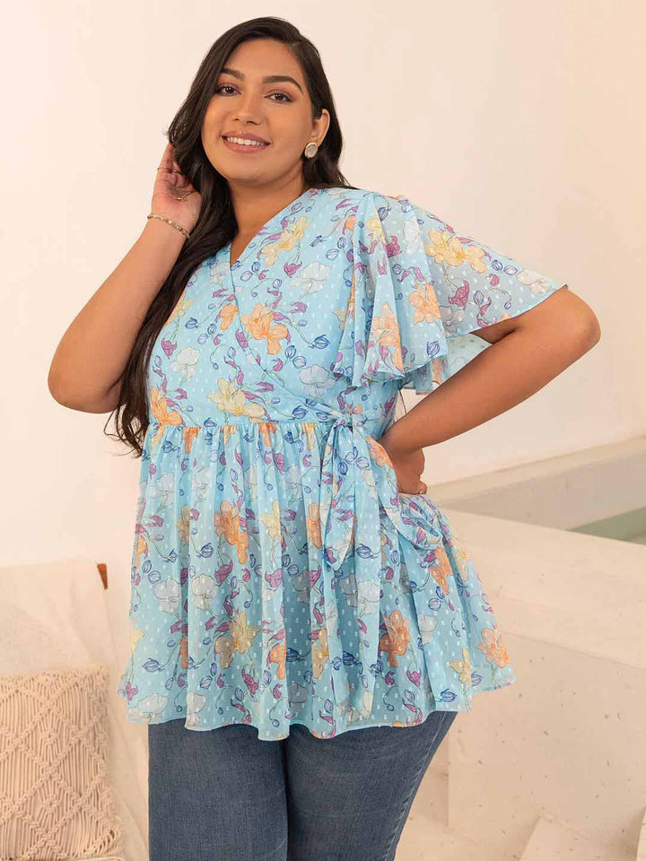 Plus Size Sky Blue Georgette Floral Peplum Top  - By Janasya