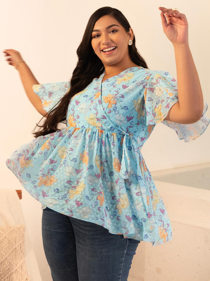 Plus Size Sky Blue Georgette Floral Peplum Top  - By Janasya