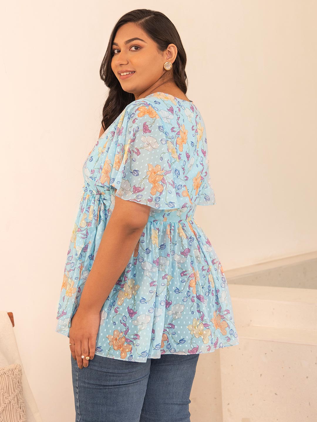 Plus Size Sky Blue Georgette Floral Peplum Top  - By Janasya