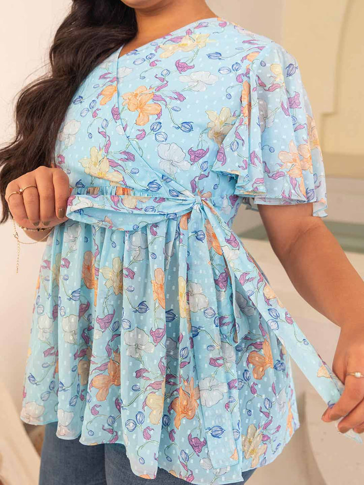 Plus Size Sky Blue Georgette Floral Peplum Top  - By Janasya