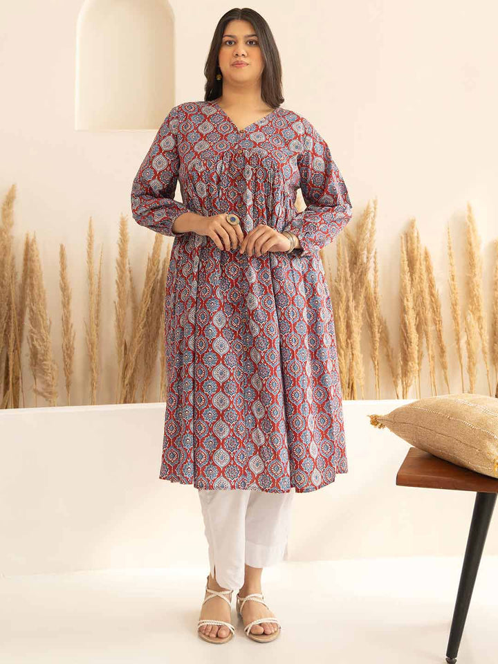 Plus Size Red Cotton Ethnic Motifs A-Line Kurta  - By Janasya