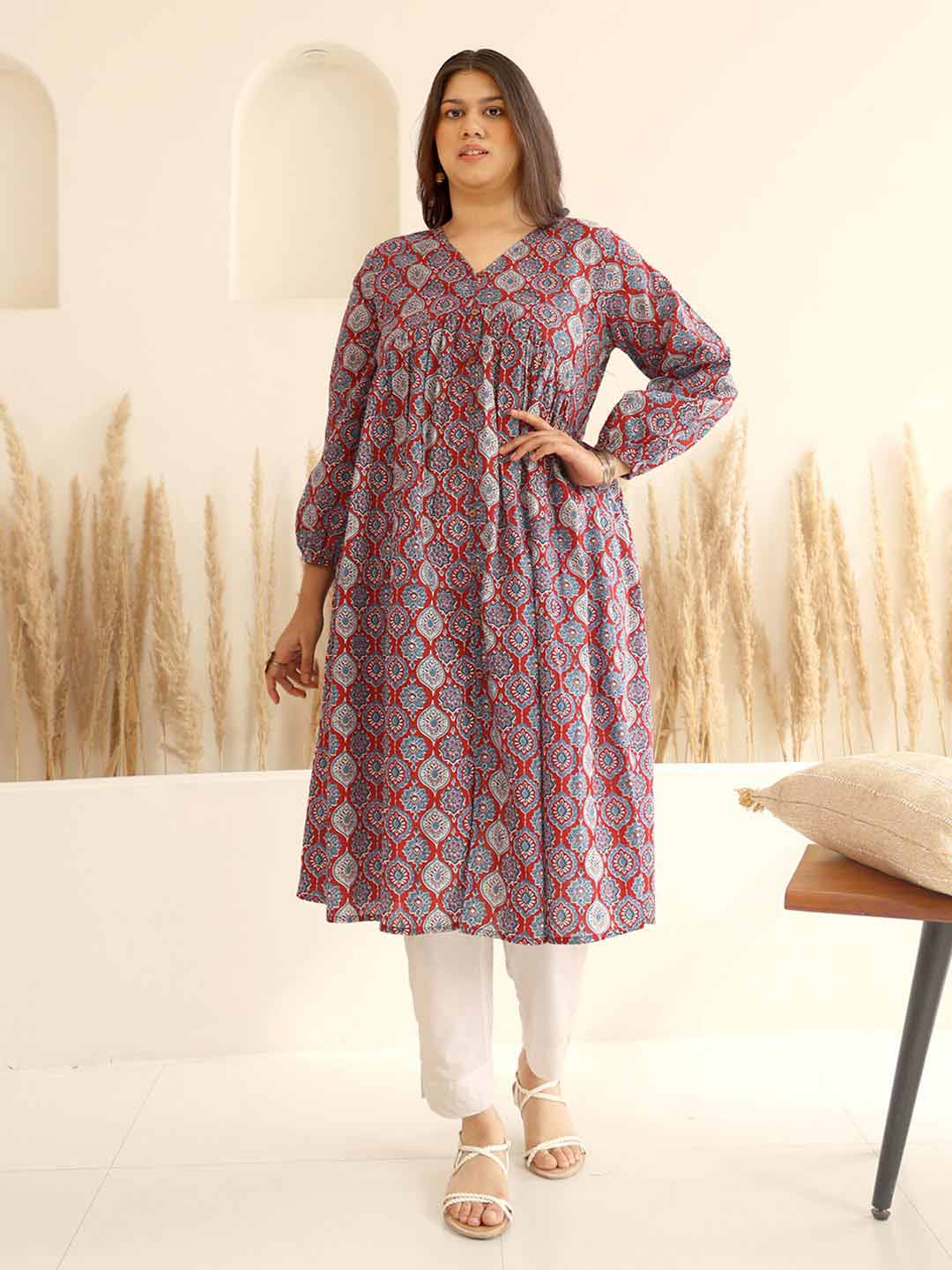 Plus Size Red Cotton Ethnic Motifs A-Line Kurta  - By Janasya