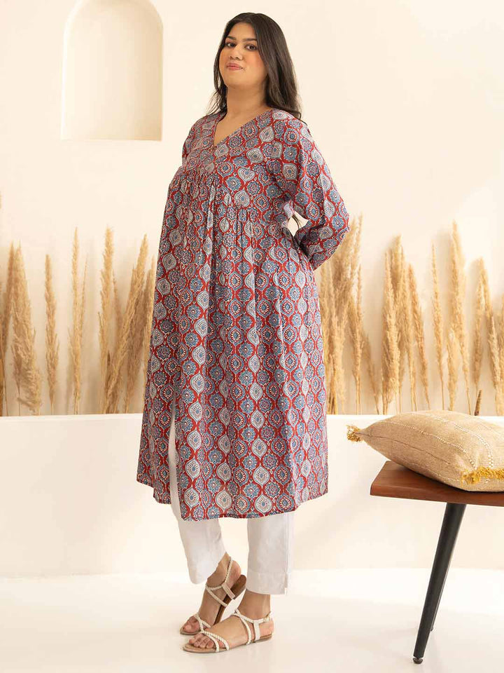 Plus Size Red Cotton Ethnic Motifs A-Line Kurta  - By Janasya