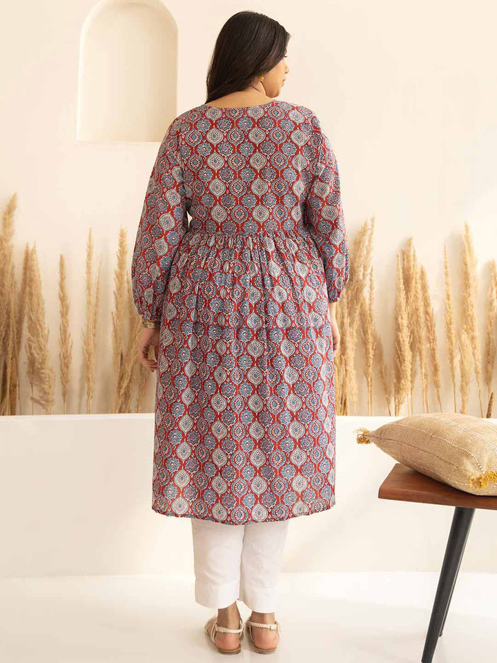 Plus Size Red Cotton Ethnic Motifs A-Line Kurta  - By Janasya