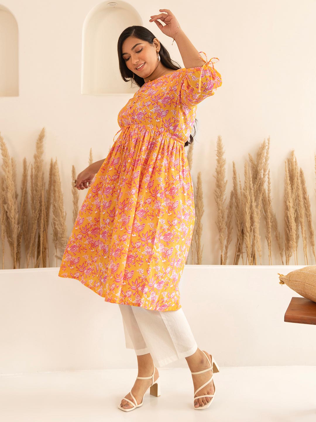 Plus Size Orange Cotton Floral A-Line Kurta  - By Janasya