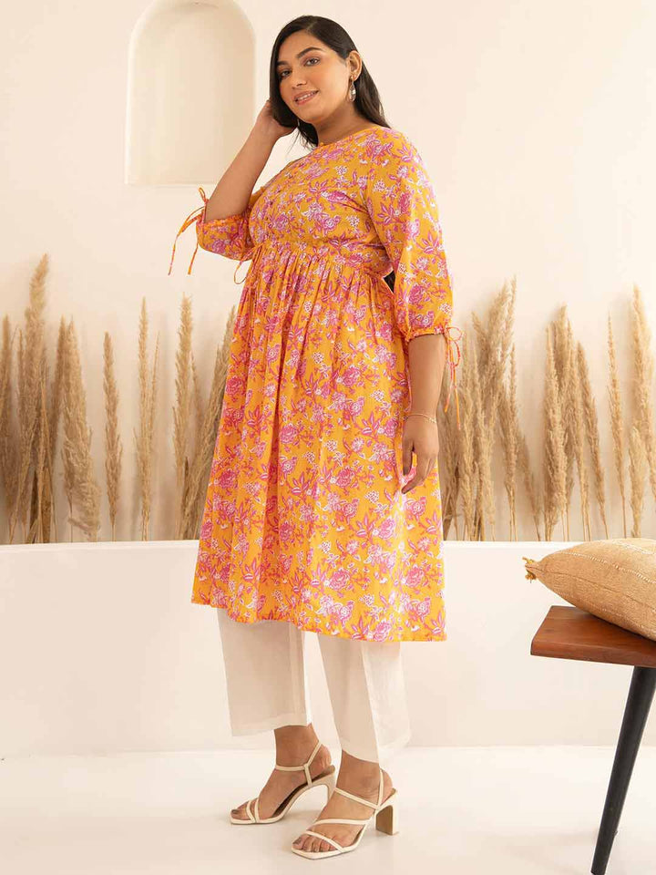 Plus Size Orange Cotton Floral A-Line Kurta  - By Janasya