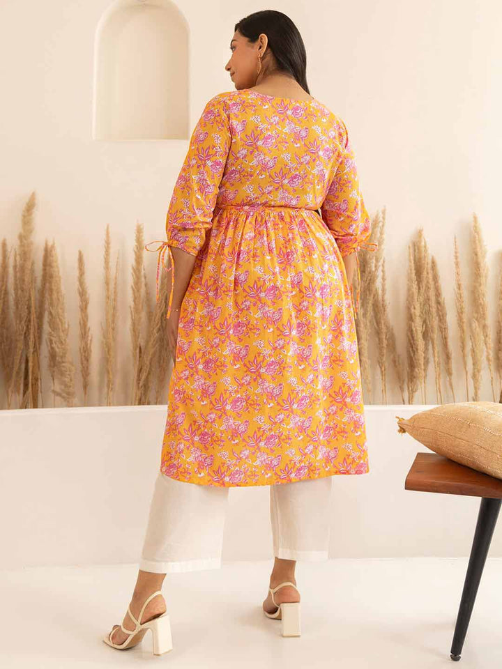 Plus Size Orange Cotton Floral A-Line Kurta  - By Janasya