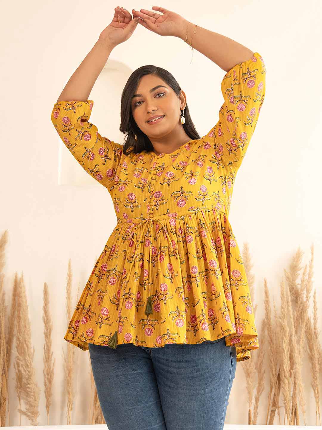 Plus Size Mustard Cotton Floral Fit & Flare Top  - By Janasya