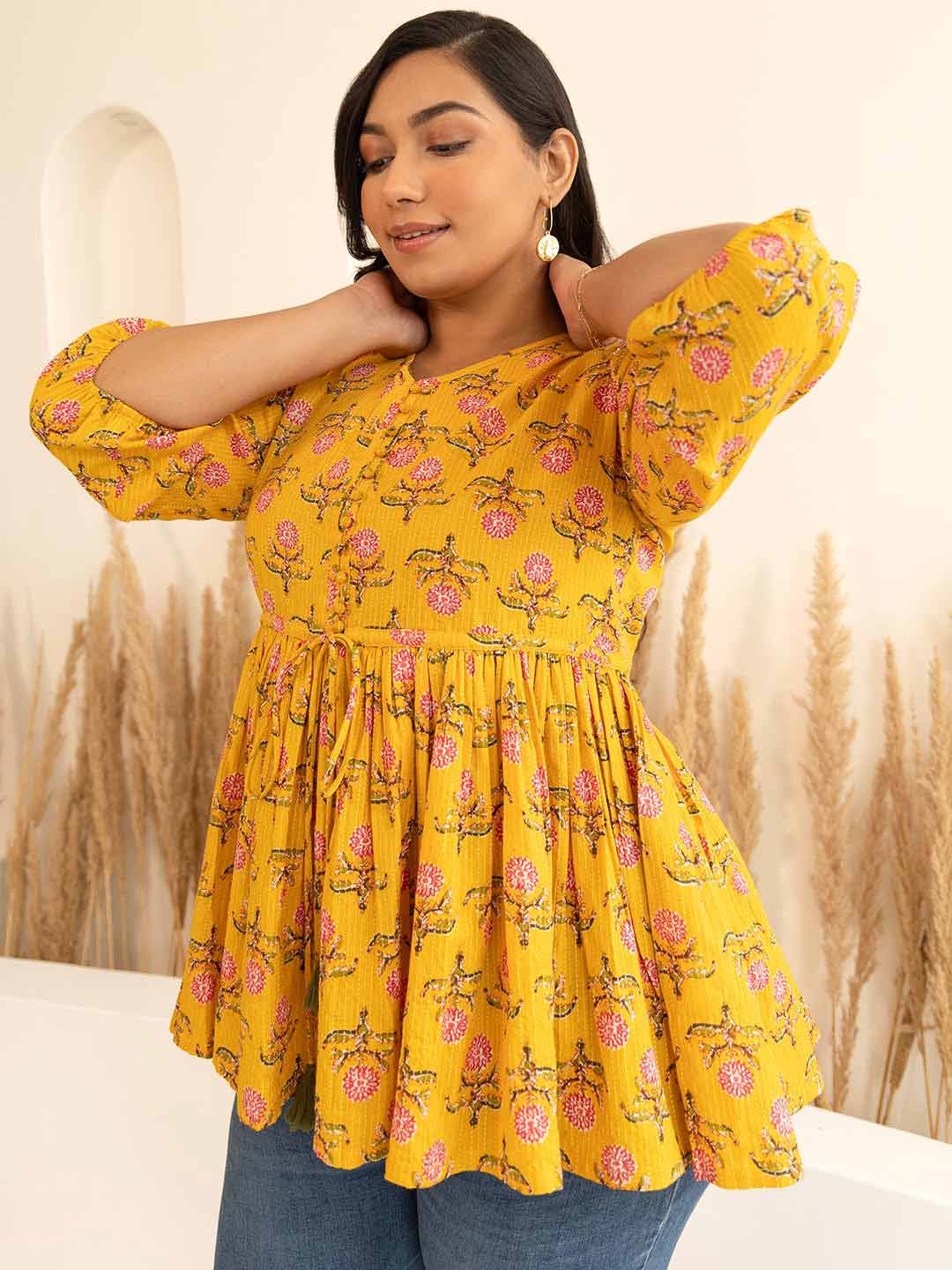 Plus Size Mustard Cotton Floral Fit & Flare Top  - By Janasya