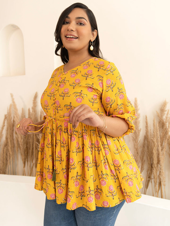 Plus Size Mustard Cotton Floral Fit & Flare Top  - By Janasya