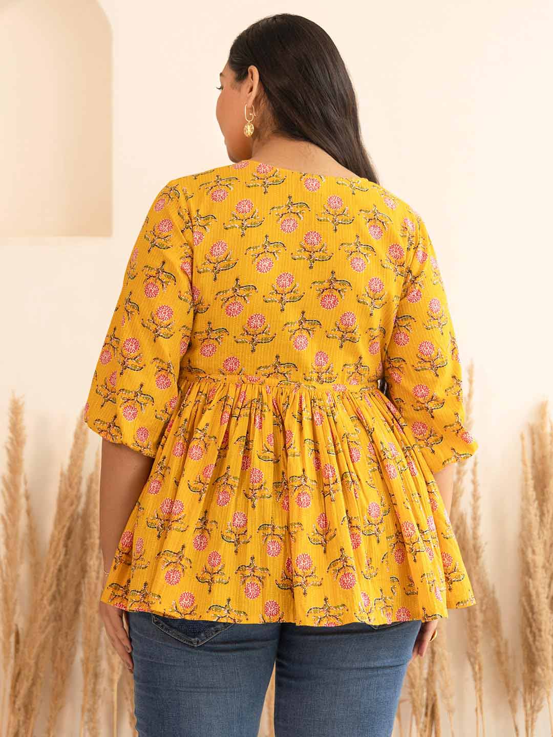 Plus Size Mustard Cotton Floral Fit & Flare Top  - By Janasya