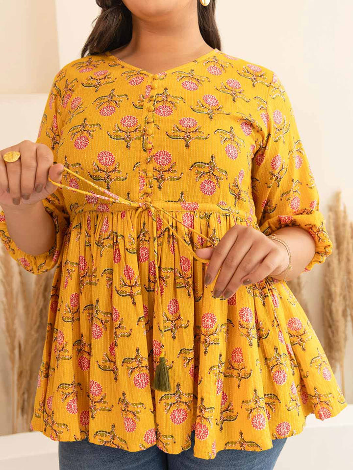 Plus Size Mustard Cotton Floral Fit & Flare Top  - By Janasya