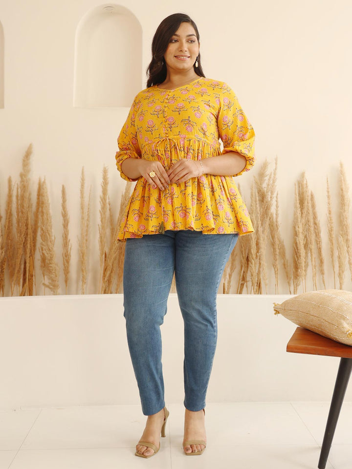 Plus Size Mustard Cotton Floral Fit & Flare Top  - By Janasya