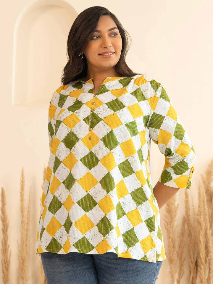 Plus Size Multicolor Cotton Geometric Regular Top  - By Janasya