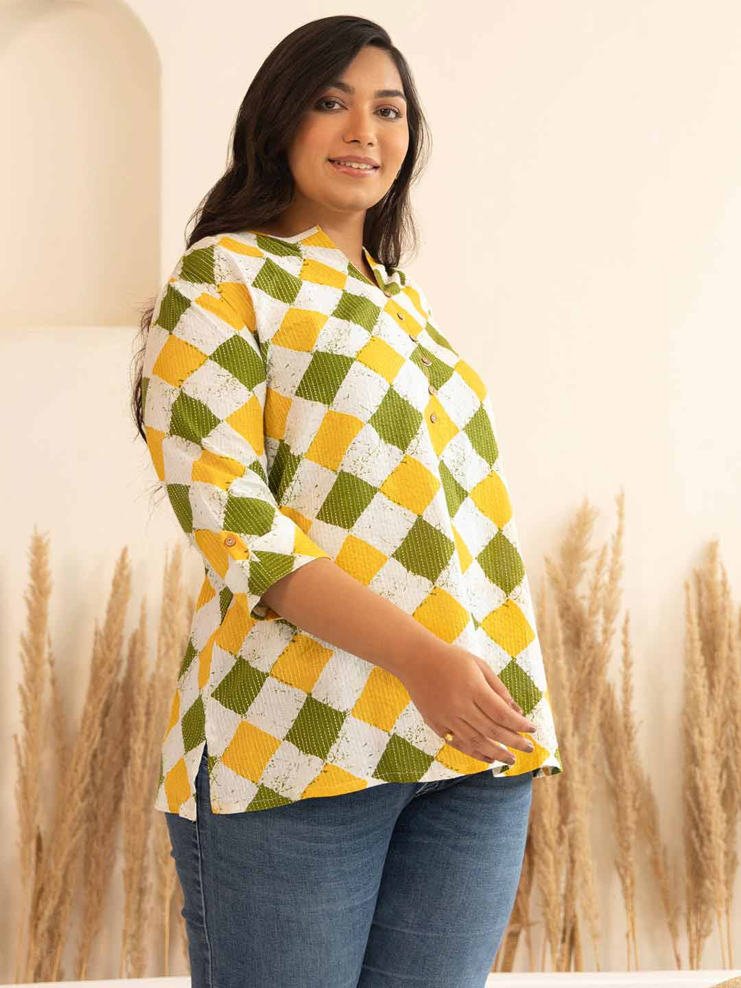 Plus Size Multicolor Cotton Geometric Regular Top  - By Janasya