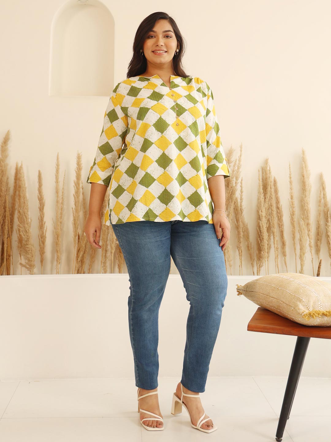 Plus Size Multicolor Cotton Geometric Regular Top  - By Janasya