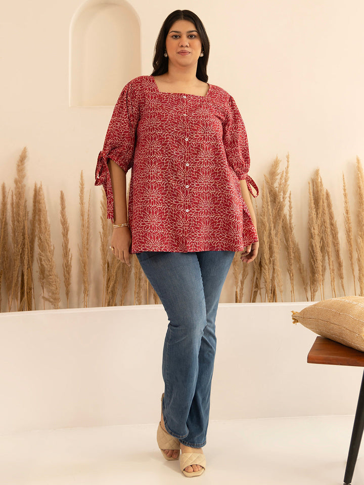 Plus Size Maroon Cotton Floral A-Line Top  - By Janasya