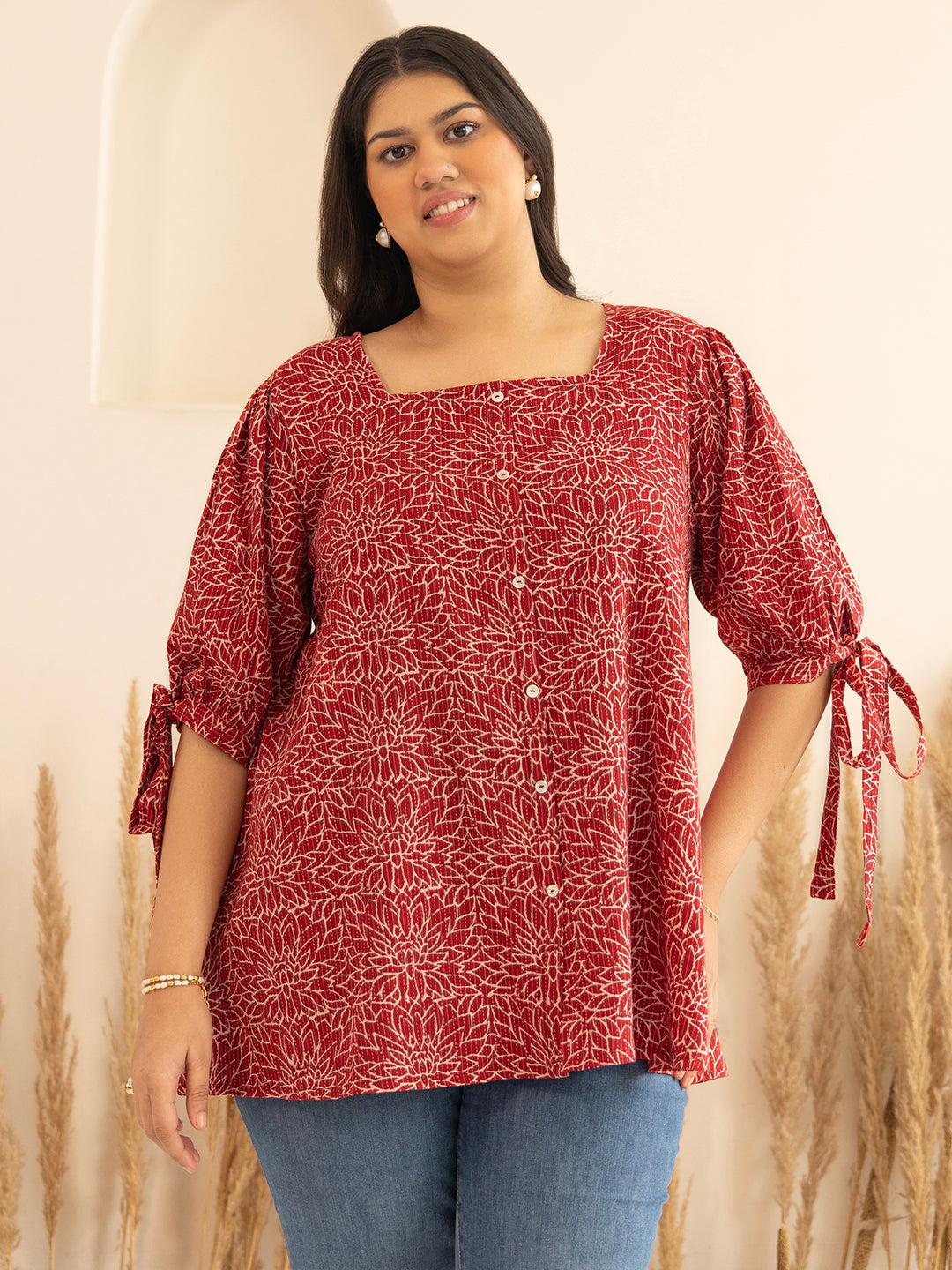 Plus Size Maroon Cotton Floral A-Line Top  - By Janasya