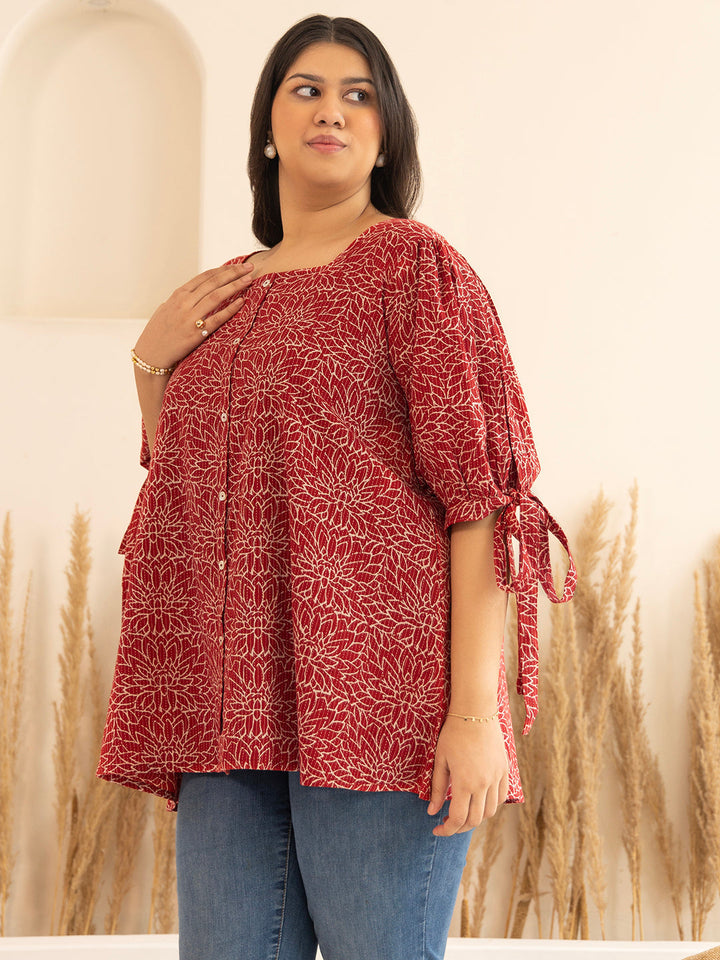 Plus Size Maroon Cotton Floral A-Line Top  - By Janasya