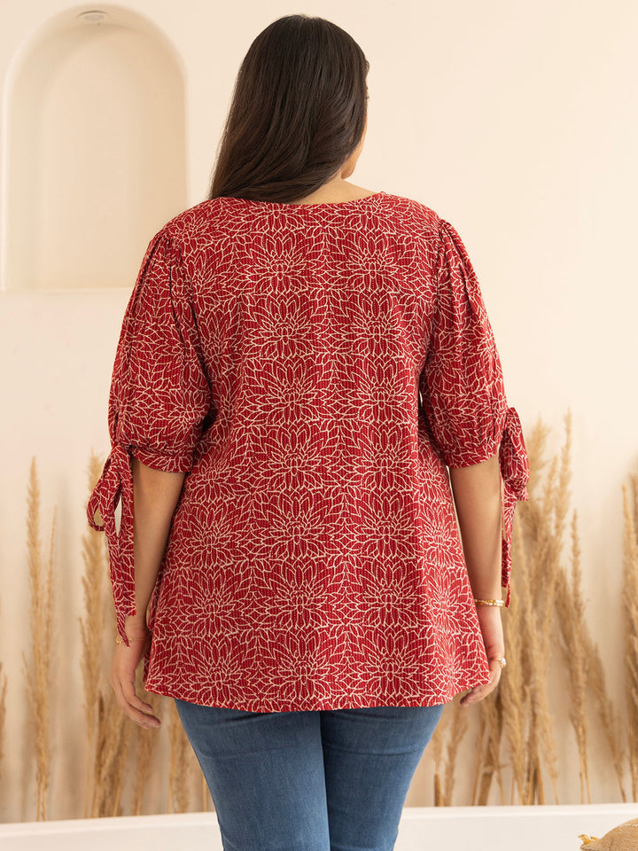 Plus Size Maroon Cotton Floral A-Line Top  - By Janasya