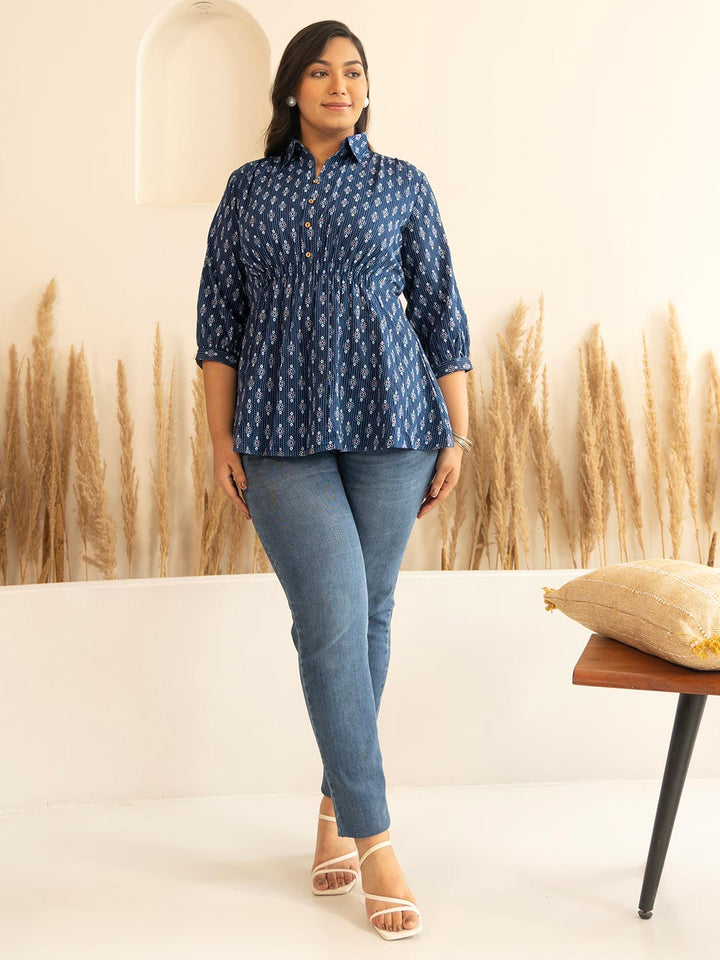 Plus Size Dark Blue Cotton Ethnic Motifs A-Line Top  - By Janasya