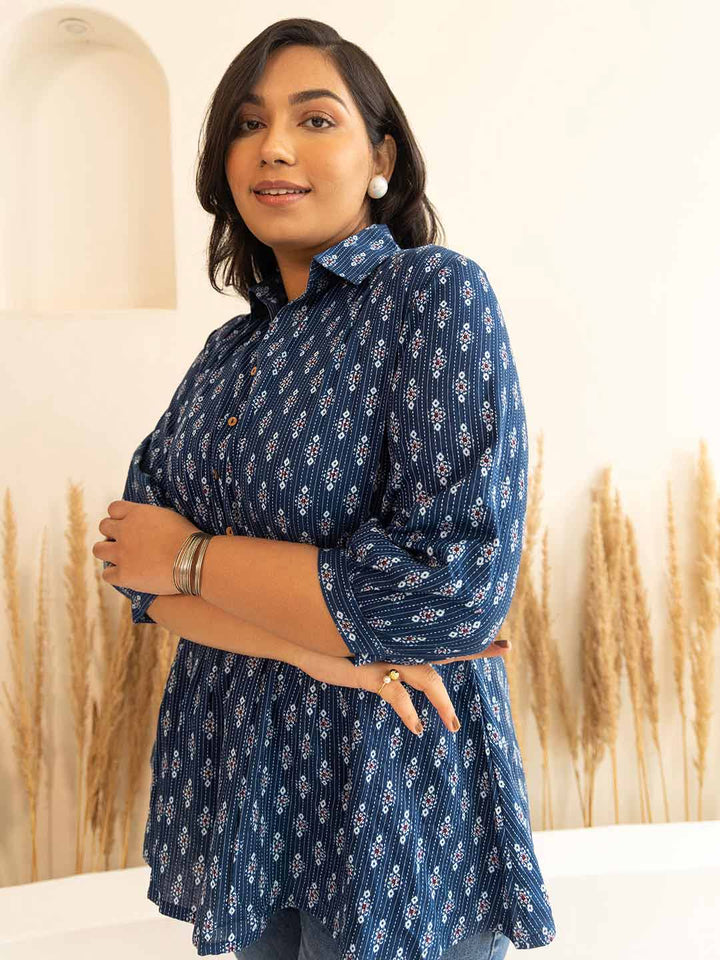 Plus Size Dark Blue Cotton Ethnic Motifs A-Line Top  - By Janasya