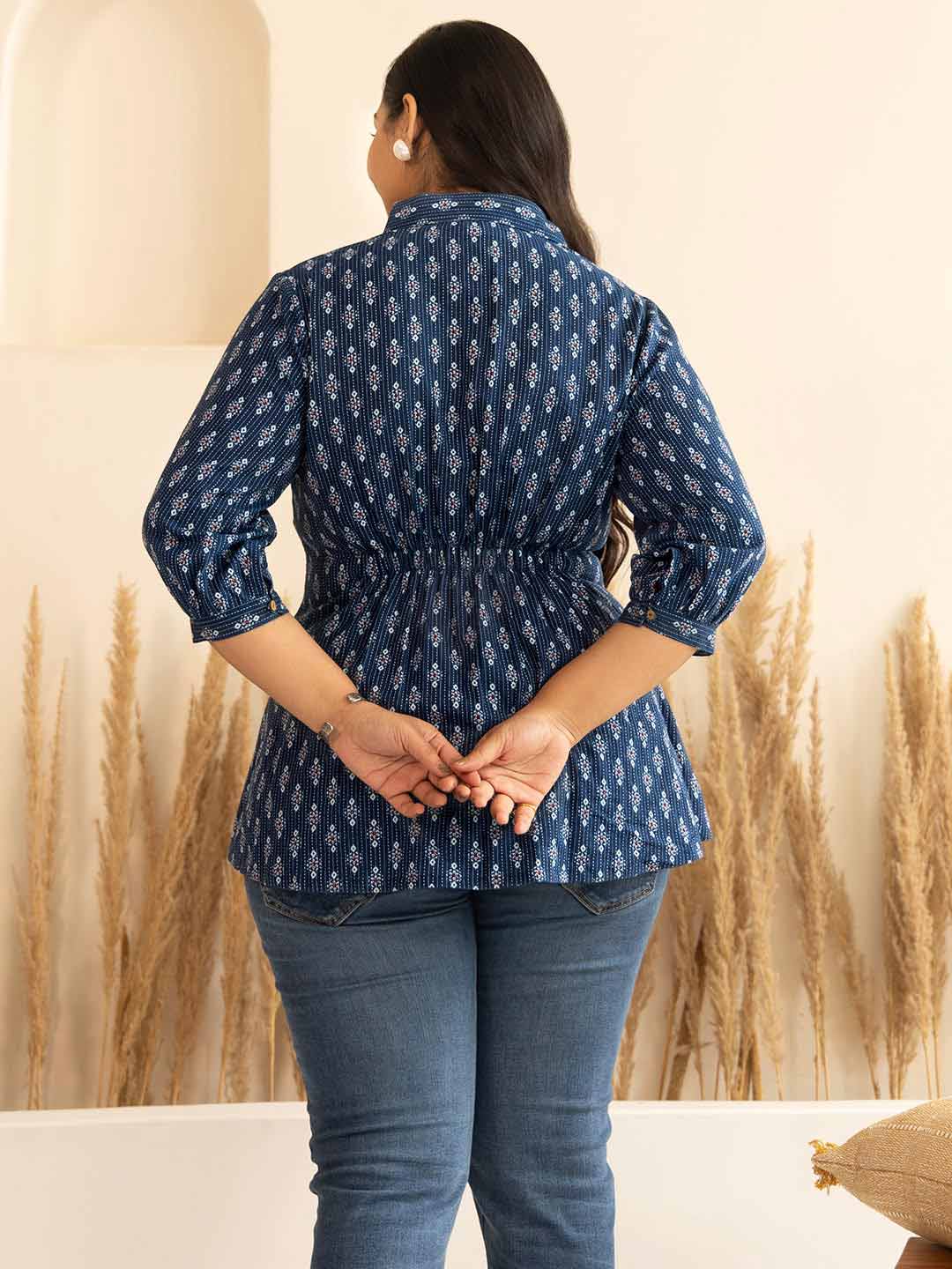 Plus Size Dark Blue Cotton Ethnic Motifs A-Line Top  - By Janasya